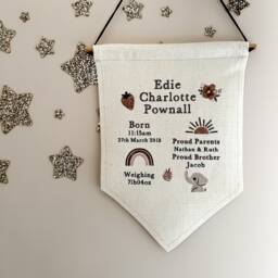 Personalised Nursery Wall Hanging, Birth Announcement, Flag, Pendent, Print, New Baby Gift, Stats, Decor - thumbnail 1