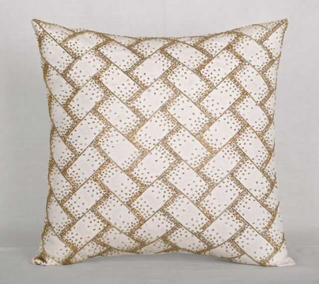 Hand Embroidered Beaded Throw Pillow Cover Off White, Gold Accent - Bmcc215 - image 1