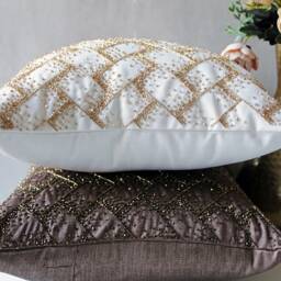 Hand Embroidered Beaded Throw Pillow Cover Off White, Gold Accent - Bmcc215 - thumbnail 4