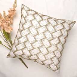 Hand Embroidered Beaded Throw Pillow Cover Off White, Gold Accent - Bmcc215 - thumbnail 2