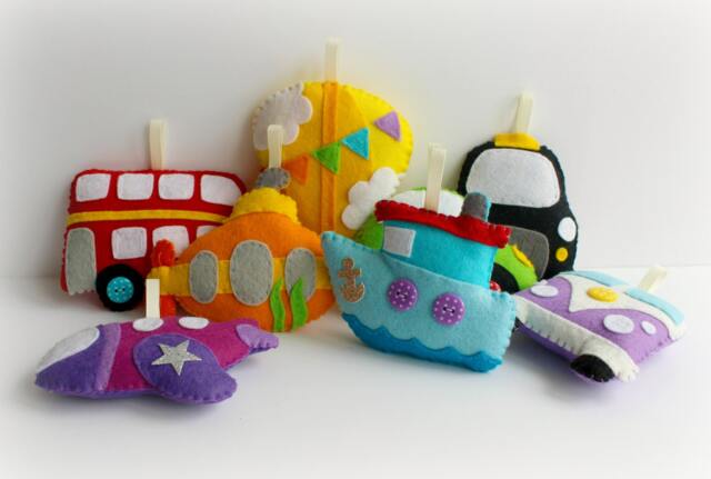 Felt Transport Garland. Handmade Set Of 8 Felt Decorations. Vehicles. Camper Van. Hot Air Balloon. Car. Boat - image 1