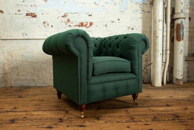 British Handmade Emerald Green Herringbone Wool Chesterfield Club Chair Armchair - image 1