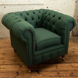 British Handmade Emerald Green Herringbone Wool Chesterfield Club Chair Armchair - thumbnail 3