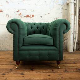 British Handmade Emerald Green Herringbone Wool Chesterfield Club Chair Armchair - thumbnail 2