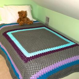 Grey, Turquoise, & Purple Giant Granny Square Crochet Blanket - thumbnail 2