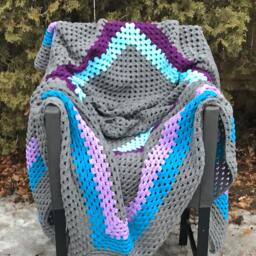 Grey, Turquoise, & Purple Giant Granny Square Crochet Blanket - thumbnail 3