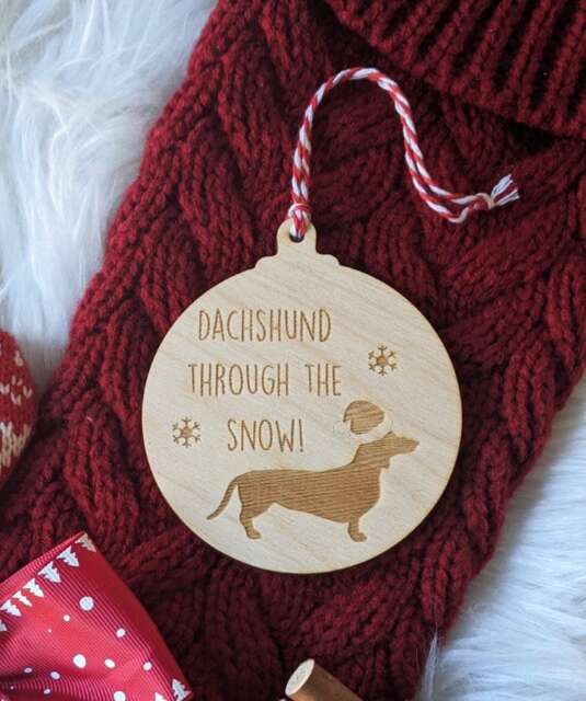 Dachshund Through The Snow Christmas Tree Bauble Ornament - Pet Wooden Engraving - image 1