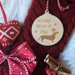 Dachshund Through The Snow Christmas Tree Bauble Ornament - Pet Wooden Engraving - thumbnail 2