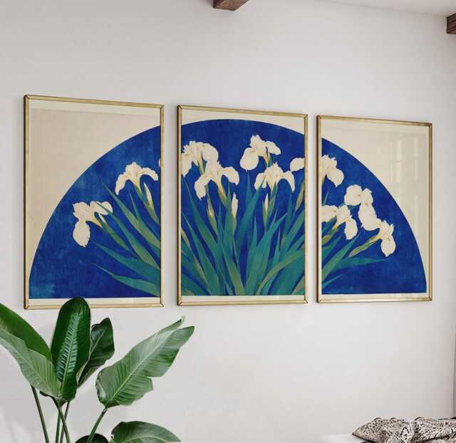Iris Flower Fan Posters Set Of 3, Japanese Botanical Blue Art Prints Wall Decor - image 1