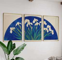 Iris Flower Fan Posters Set Of 3, Japanese Botanical Blue Art Prints Wall Decor - thumbnail 1