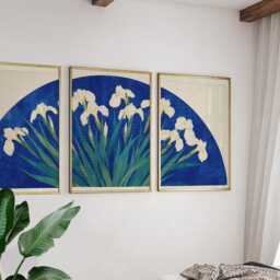 Iris Flower Fan Posters Set Of 3, Japanese Botanical Blue Art Prints Wall Decor - thumbnail 2
