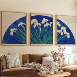 Iris Flower Fan Posters Set Of 3, Japanese Botanical Blue Art Prints Wall Decor - thumbnail 3