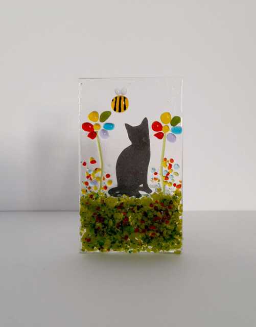 Handmade Fused Glass Tea Light Holder Cat, Flowers & Bee - Personalized Pet Gift - image 1