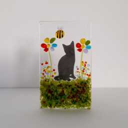 Handmade Fused Glass Tea Light Holder Cat, Flowers & Bee - Personalized Pet Gift - thumbnail 3