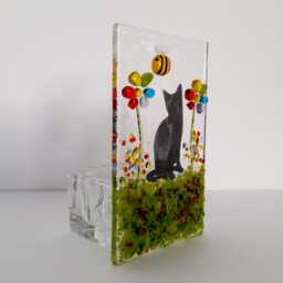 Handmade Fused Glass Tea Light Holder Cat, Flowers & Bee - Personalized Pet Gift - thumbnail 2