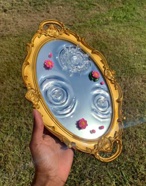 Overflowing Grace - Pink Lotus Gold Round Resin Mirror & Treasure Tray Flowers - image 1