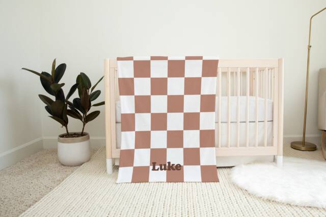 Terracotta Personalized Soft Fleece Baby Blanket - Aesthetic Gifts Shower Gift Neutral Checkered Gender - image 1