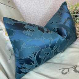 Decorative Teal Satin Cushion Cover, Handmade Pillow Home Decor, Livingroom Homeware, Abstract Trees John Lewis Komako Fabric - thumbnail 1