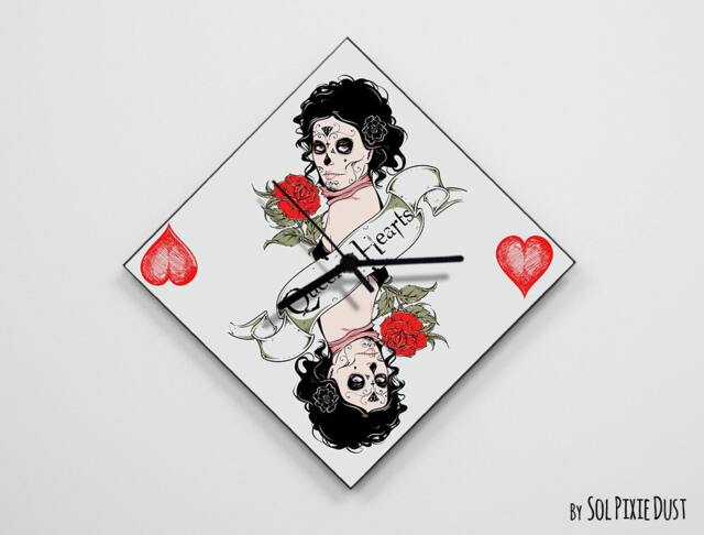 Queen Of Hearts Sugar Skull - Day The Dead -Dia De Los Muertos Calavera Wall Clock - image 1