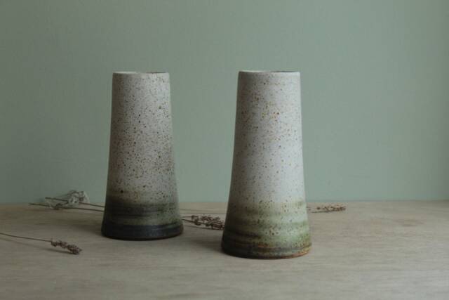 Handmade White Ceramic Vase With Green Lines - Minimalist Pottery, Stoneware Flower - image 1