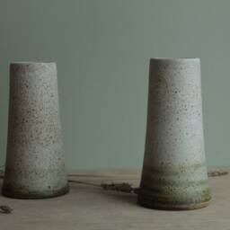 Handmade White Ceramic Vase With Green Lines - Minimalist Pottery, Stoneware Flower - thumbnail 2
