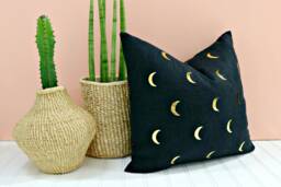 Black Gold Crescent Moon Linen Pillow Cover/Leaf Foil Luna Bedding Accent Cushion Dark Simple Classic Lumbar Modern Geometric Euro - thumbnail 1