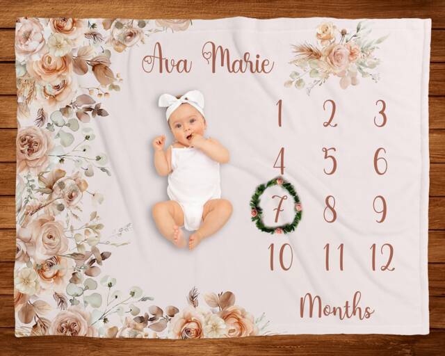 Personalized Milestone Blanket Boho Blush Girl Monthly Floral Minky Custom Age Growth New Mom Baby Shower Gift Neutral Flower - image 1