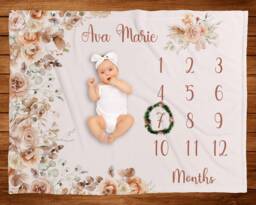Personalized Milestone Blanket Boho Blush Girl Monthly Floral Minky Custom Age Growth New Mom Baby Shower Gift Neutral Flower - thumbnail 1