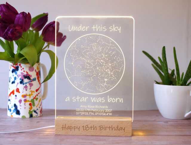 Personalised 18Th Birthday Gift - Star Map Customised By Date & Location. Night You Were Born. Led Table Lamp. Unique Milestone - image 1