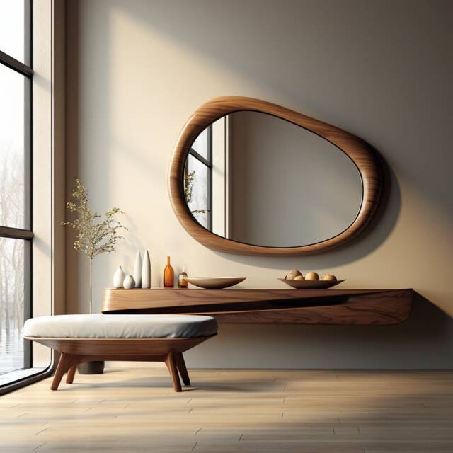 Asymmetric Solid Wood Mirror, Organic Wall Frame, Living Room Decor, Walnut Frame - image 1