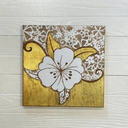Gold Leaf White Flower Painting, Abstract Acrylic Floral Wall Decor - thumbnail 1