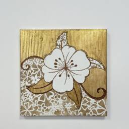 Gold Leaf White Flower Painting, Abstract Acrylic Floral Wall Decor - thumbnail 2