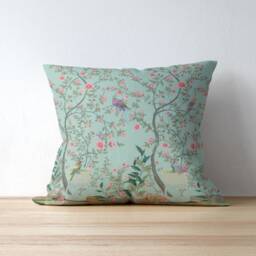 Outdoor Pillows - Weatherproof Garden Cushions Chinoiserie Floral Pattern Oriental Duck Egg Peacock Flower Print Chinese Style - thumbnail 2