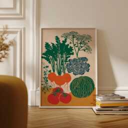 Garden Vegetable Art Print - Retro Linocut Kitchen Wall Minimalist Tomato & Squash Illustration - thumbnail 2