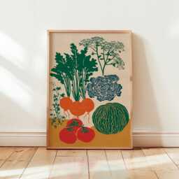 Garden Vegetable Art Print - Retro Linocut Kitchen Wall Minimalist Tomato & Squash Illustration - thumbnail 1