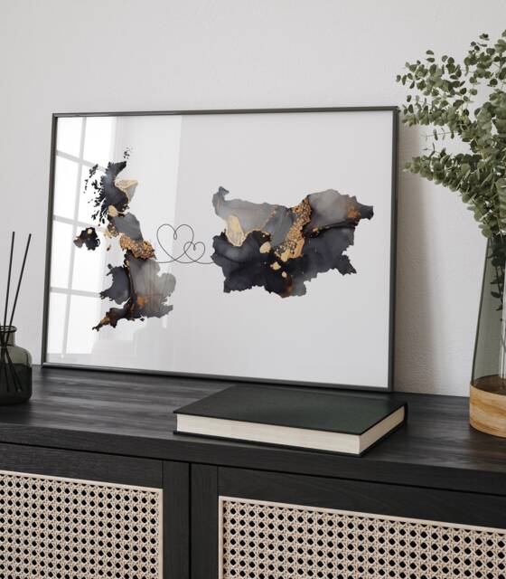 Britain & Bulgaria Map Black & Gold Travel Wall Art Print - United Kingdom UK - image 1
