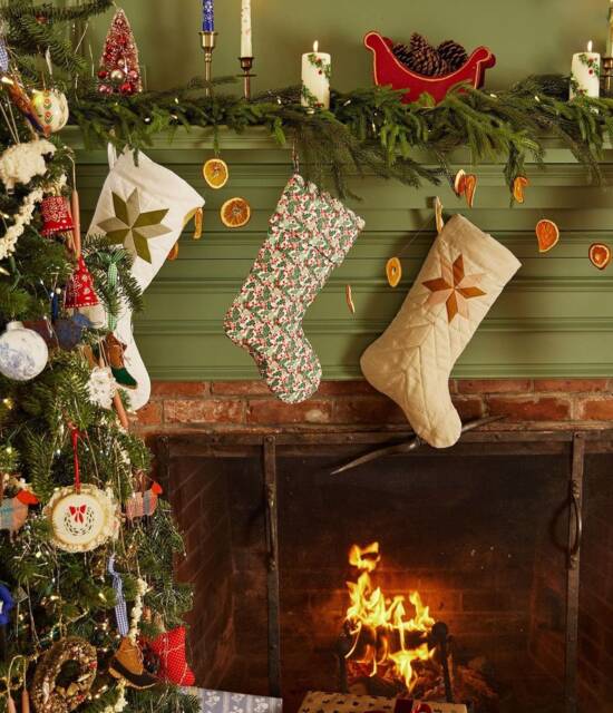 Ready To Ship Quilted Christmas Stocking With Patchwork Star From Natural Linen Name Embroidery - image 1