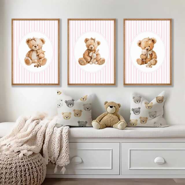 Vintage Teddy Bear Prints Pink Baby Girl Nursery Wall Art, Set Of 3 - image 1