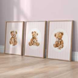 Vintage Teddy Bear Prints Pink Baby Girl Nursery Wall Art, Set Of 3 - thumbnail 2