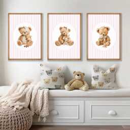 Vintage Teddy Bear Prints Pink Baby Girl Nursery Wall Art, Set Of 3 - thumbnail 1