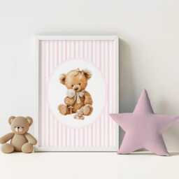 Vintage Teddy Bear Prints Pink Baby Girl Nursery Wall Art, Set Of 3 - thumbnail 3
