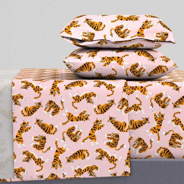 Whimsical Tiger Sheets - Tigers On Pink Large By Alenkakarabanova Safari Animal Exotic Cotton Sateen Sheet Set Bedding Spoonflower - image 1