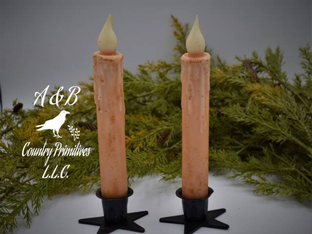 Set Of - 2 Two Grungy Cream 7 Inch Led Wax Dipped Taper Candles With Timer, Battery Operated Candles, Rustic Country Primitive Home Decor - image 1