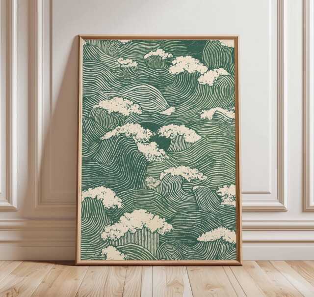 Japanese Wave Pattern Poster, Traditional Green Ocean Print, Minimalist Asian Wall Art, Zen Sea Decor, Unframed Nature-Inspired Artwork - image 1