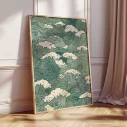 Japanese Wave Pattern Poster, Traditional Green Ocean Print, Minimalist Asian Wall Art, Zen Sea Decor, Unframed Nature-Inspired Artwork - thumbnail 3