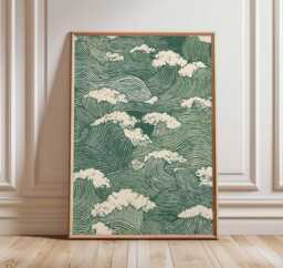 Japanese Wave Pattern Poster, Traditional Green Ocean Print, Minimalist Asian Wall Art, Zen Sea Decor, Unframed Nature-Inspired Artwork - thumbnail 1