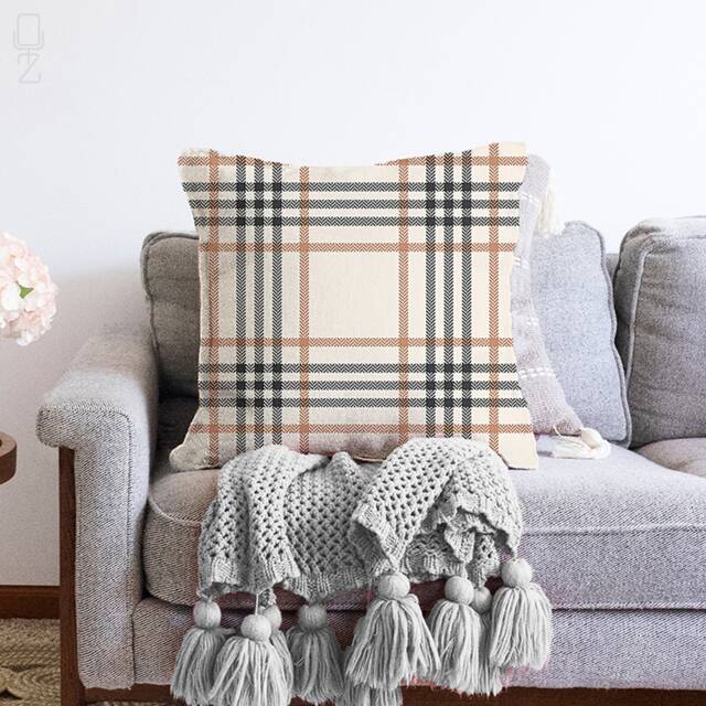 Ecru Plaid Chenille Cushion Cover Beige & Grey Tartan Pillow - image 1