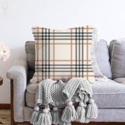 Ecru Plaid Chenille Cushion Cover Beige & Grey Tartan Pillow - thumbnail 1