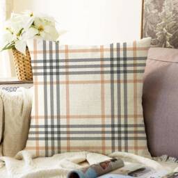 Ecru Plaid Chenille Cushion Cover Beige & Grey Tartan Pillow - thumbnail 2