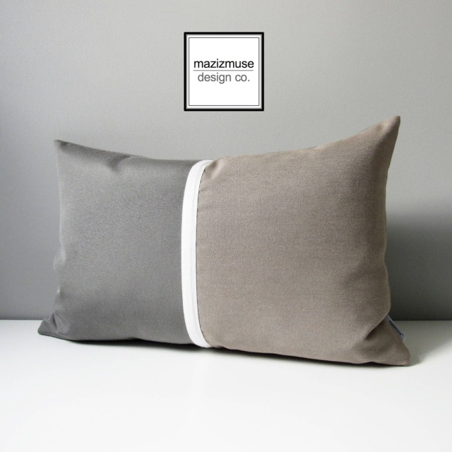 Taupe Sunbrella?? Outdoor Pillow Cover With Charcoal Grey Color Block, Modern Gray Throw Pillows, Masculine Cushion For Patio/Pool Loungers - image 1